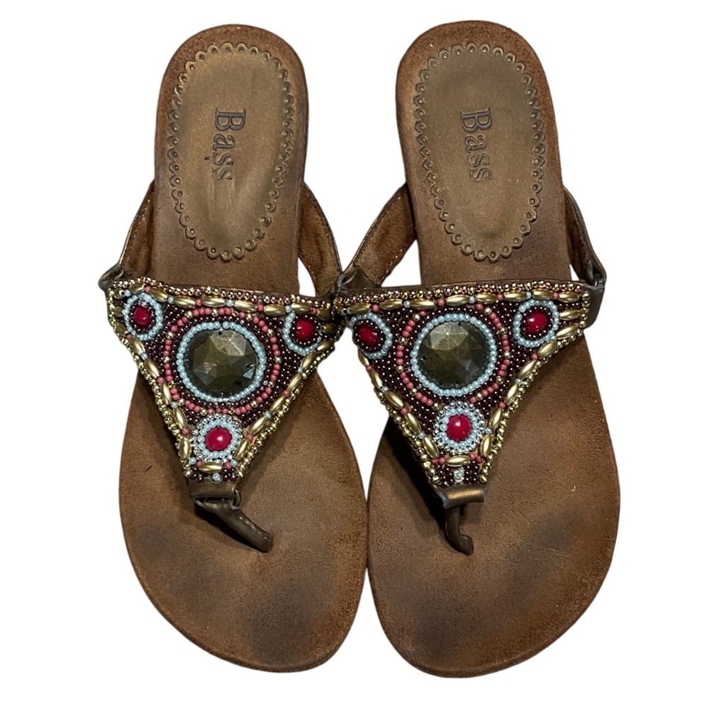 Bass Hannah Wedge Sandals Womens 5M Beaded Boho Bronze Brown T-Strap Thong